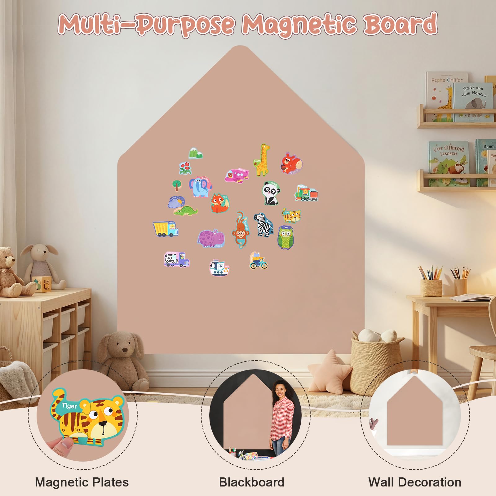 Lavagna magnetica multifunzionale con 2 set di magneti (animali e veicoli), lavagna curva autoadesiva con accessori per gesso, per pareti, vetro e legno (colori tè al latte)