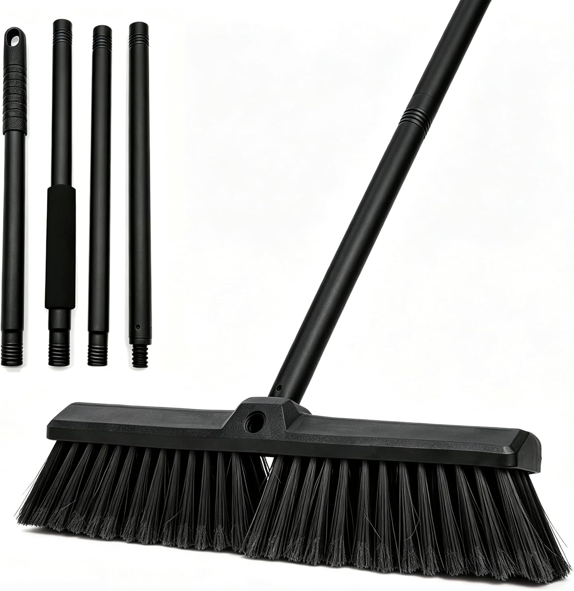 Push Broom Floor Cleaning Brush with 4 Section Metal Long Handle, Heavy Duty Outdoor Indoor Broom for Garage, Patio, Deck, Home Floor Scrubbing (Black)