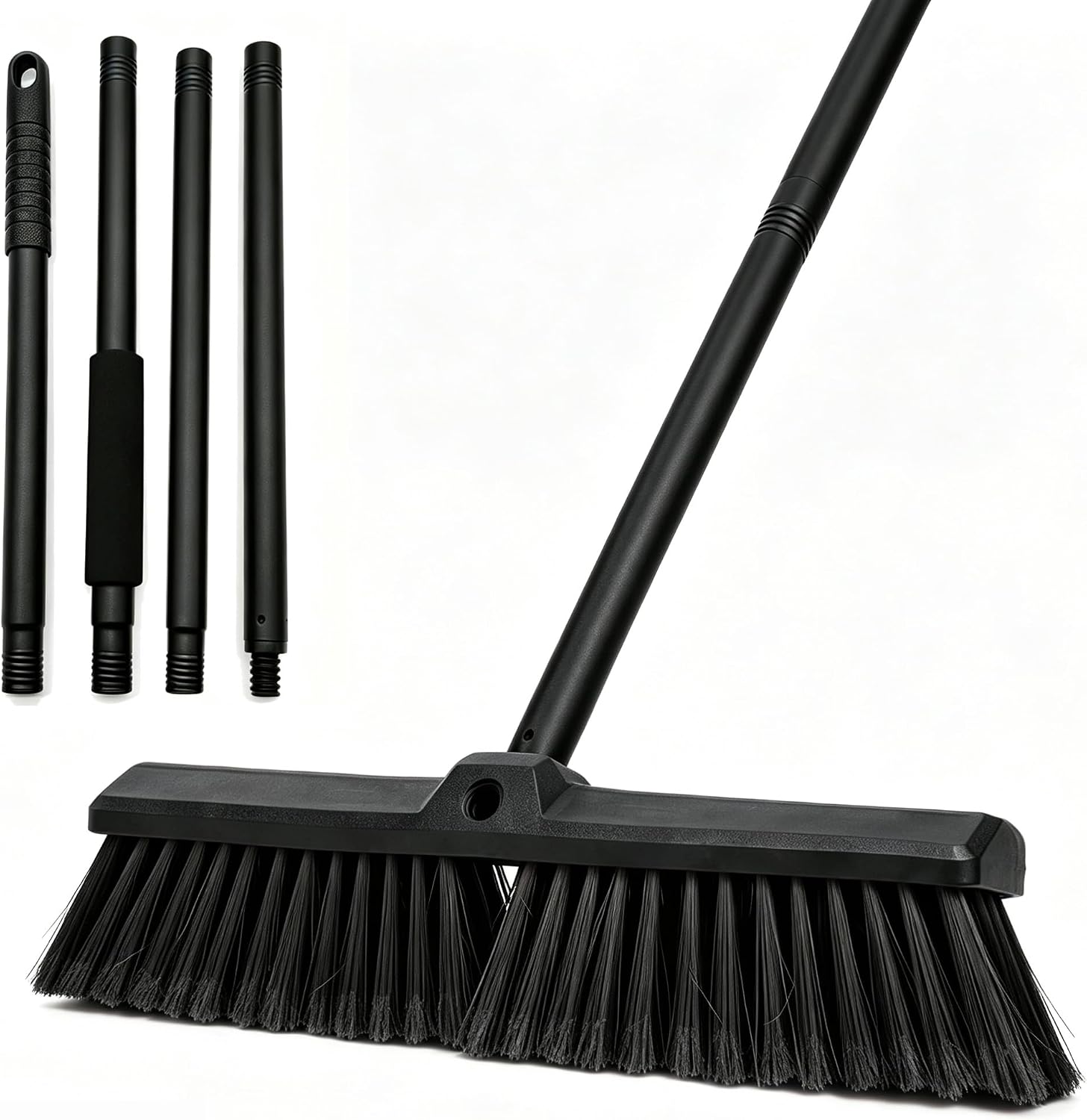 Push Broom Floor Cleaning Brush with 4 Section Metal Long Handle, Heavy Duty Outdoor Indoor Broom for Garage, Patio, Deck, Home Floor Scrubbing (Black)