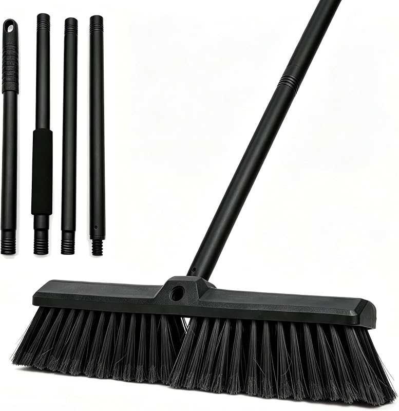 Push Broom Floor Cleaning Brush with 4 Section Metal Long Handle, Heavy Duty Outdoor Indoor Broom for Garage, Patio, Deck, Home Floor Scrubbing (Black)