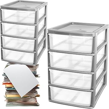 A4 Desktop Plastic Storage Drawers Table Top Organiser 4 Pull Out Drawers Storage Tower Unit For Home, School, Office, Bedroom & Living Room 1, Silver | Organiser 4 Pull Out Drawers Storage Unit For Home, School, Office, Bedroom & Living Room