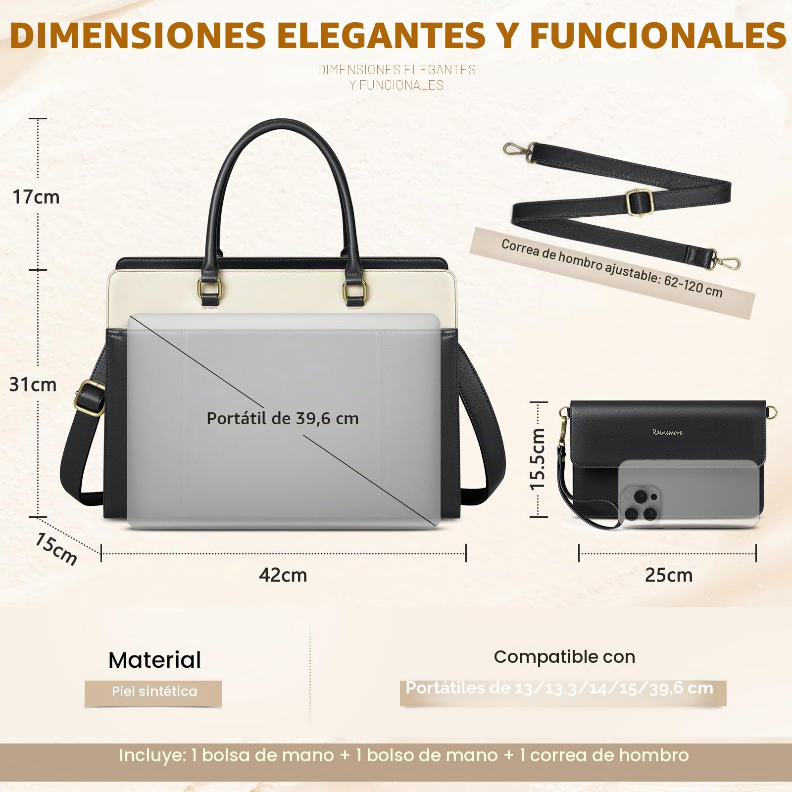 RAINSMORE Bolso Universidad Mujer Bolso Mujer Grande con Clutch Impermeable Ordenador Portatil 15.6 Pulgadas Bolsa Trabajo Shopper Oficina Negro