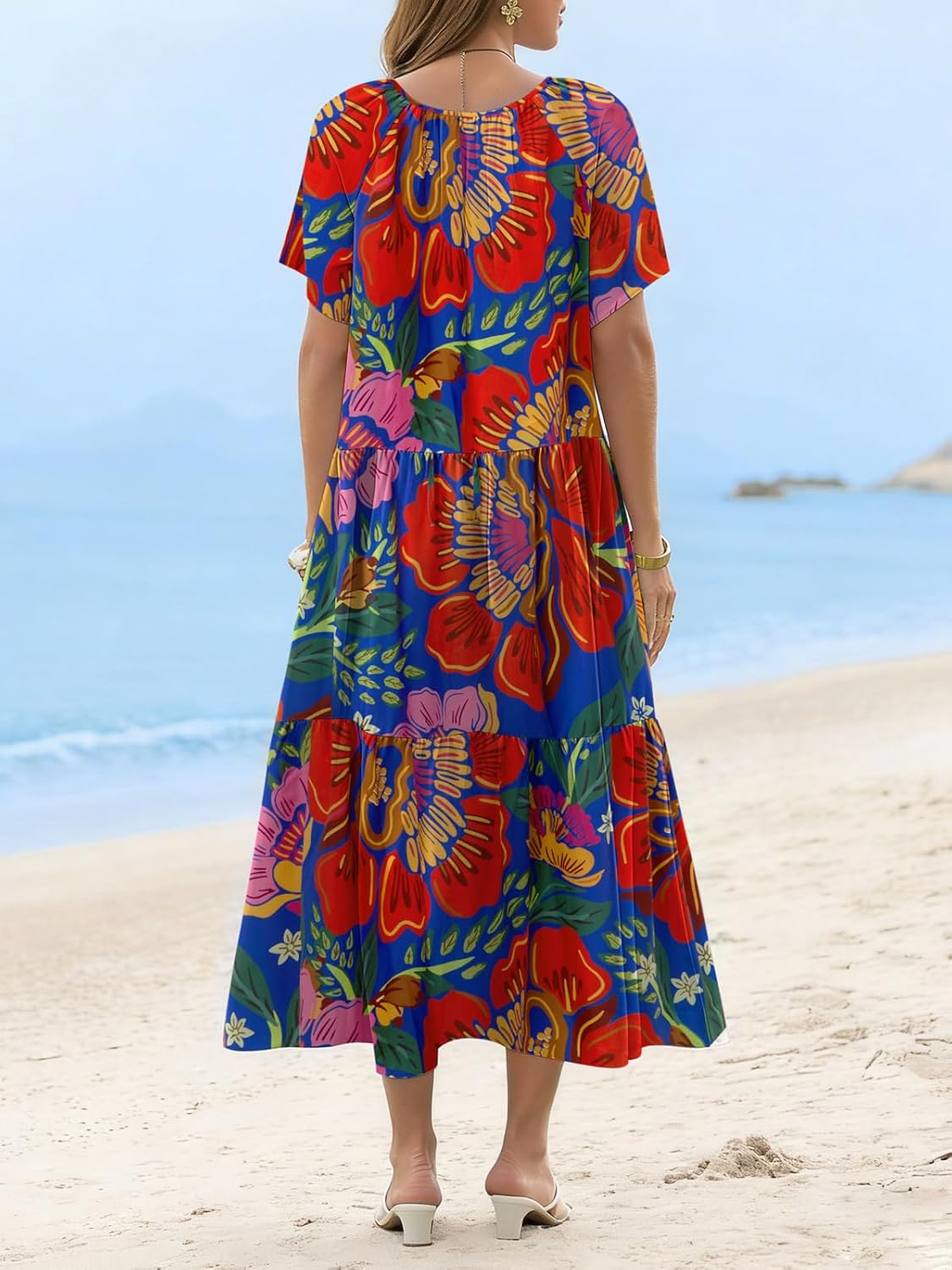 Yousify Womens 2026 Summer Maxi Dresses Short Sleeve Boho Beach Shirt Dresses Loose Vacation Outfits Sundresses - Image 6