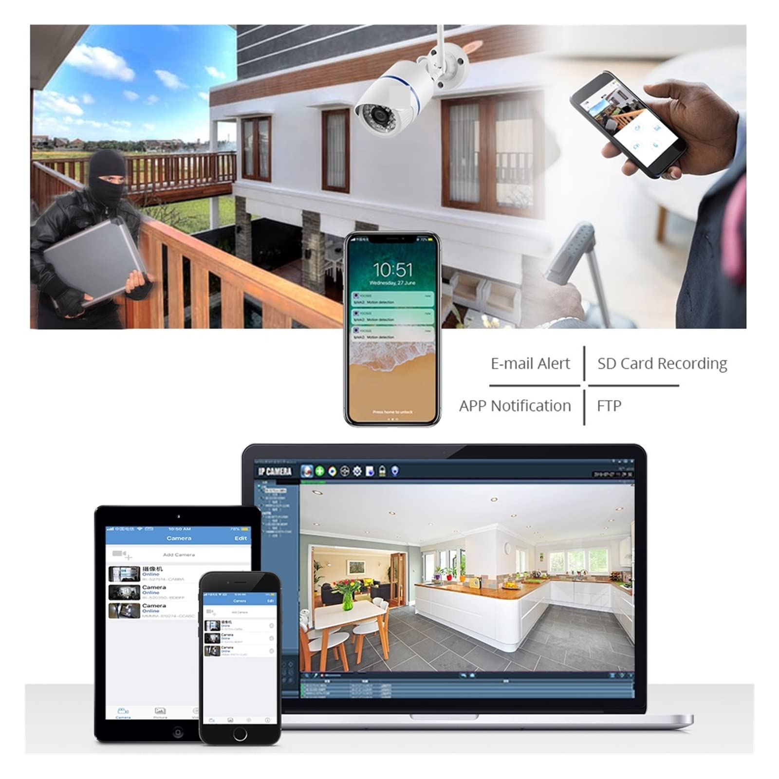 IP-Kamera for Den Außenbereich, WiFi, Heimsicherheitskamera, Kabellose Überwachung, WiFi, Wasserdicht, IP-Video, HD (6mm,1080P 12V Power 64GB)