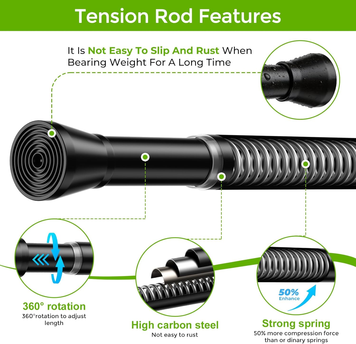 Spring Tension Rod 40-73 Inches No Drilling Adjustable Black Spring Loaded Curtain Rod Expandable Small Short Tension Curtain Rod for Windows,Kitchen,Doorway