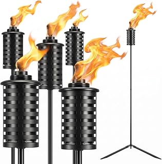 6 Pack Garden Torch with Tripod Footprint, 55 Inch Outdoor Metal Torch Garden Décor, Upgraded Home Citronella Torches, Metal Light Torches for Any Yard, Pathway, Backyard