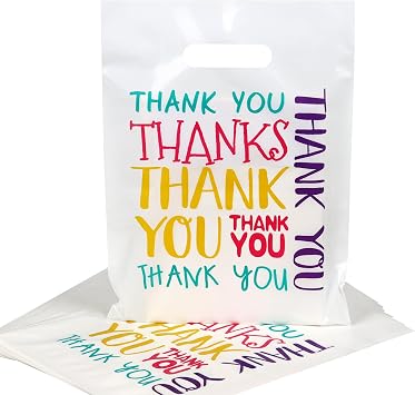 9x12 White Thank You Bags for Small Business with Colorful Font, 100PCS | Retail Plastic Shopping Merchandise Bags with Handles, Bulk Premium Packaging for Small Boutique Store Vendors Party