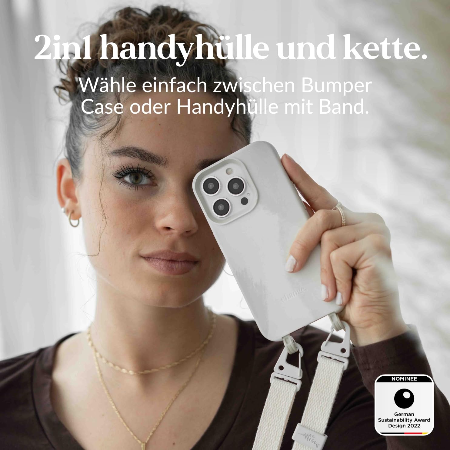Woodcessories - Change Case, Nachhaltige Handykette abnehmbar kompatibel mit iPhone 16 Pro Hülle mit Band Dove White - biologisch abbaubar