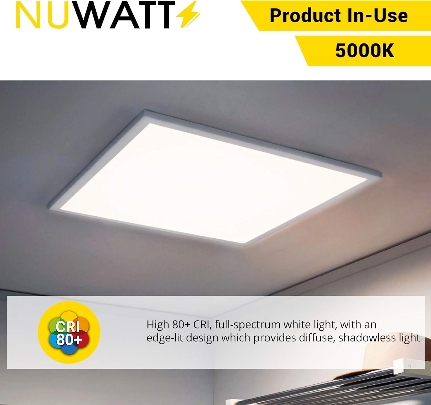 NUWATT 2x2 ft LED Panel Troffer Edge Lit Thin Flat (4 Pack) 40W 5000K 4600 Lumens, 120V-277V AC/DC, 0-10V Dimmable, UL DLC Listed, Drop Ceiling Lights