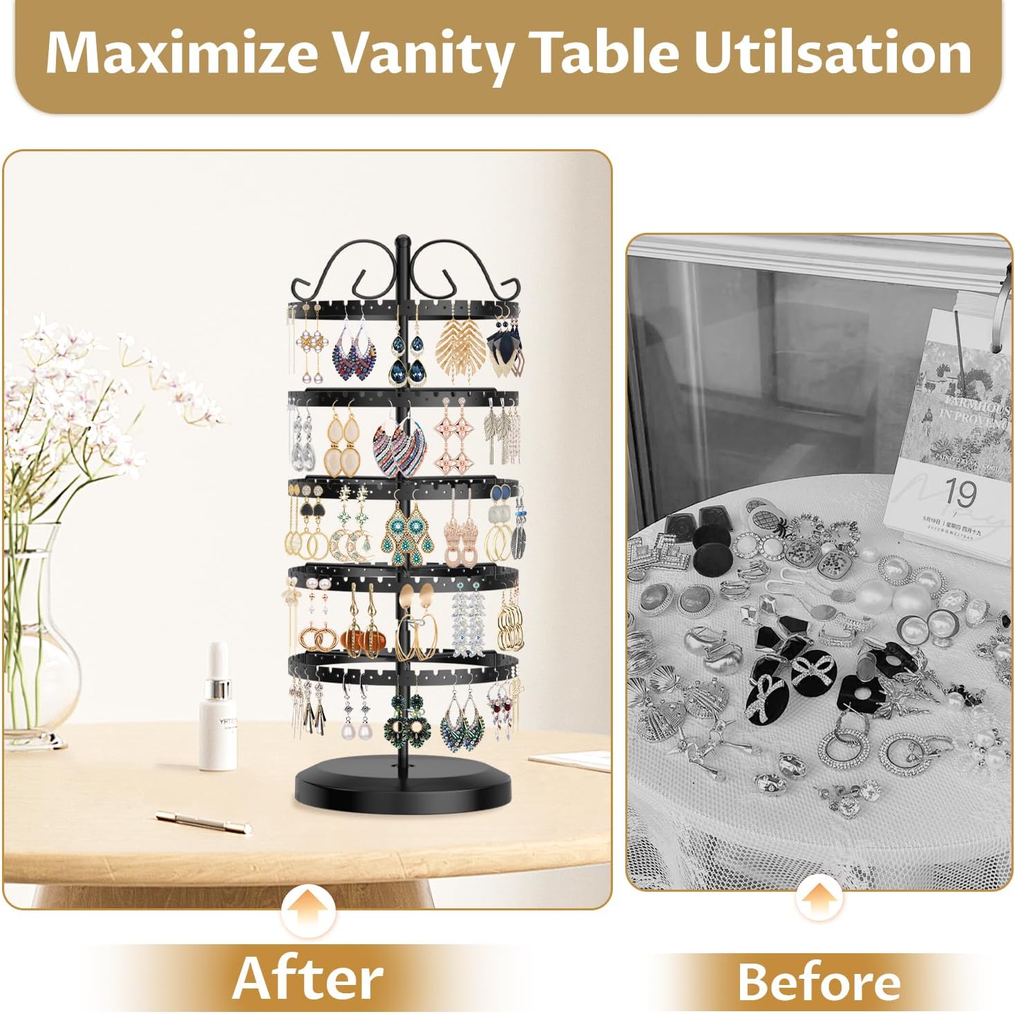 LASZOLA 5 Tier Black Earring Holder Organizer Tree Women Display Storage for Stud and Hoop, Large Cool Rotating Clip Stand for Pierced and Dangle Earring, Vertical Metal Tower Carousel with 400 Holes