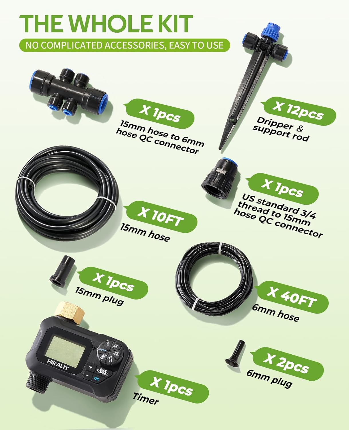 HIRALIY 50FT Automatic Drip Irrigation Kits with Garden Timer, Garden Watering System for Patio Lawn, Quick Connector Design Irrigation System Kit with Easy Programmable Water Timer