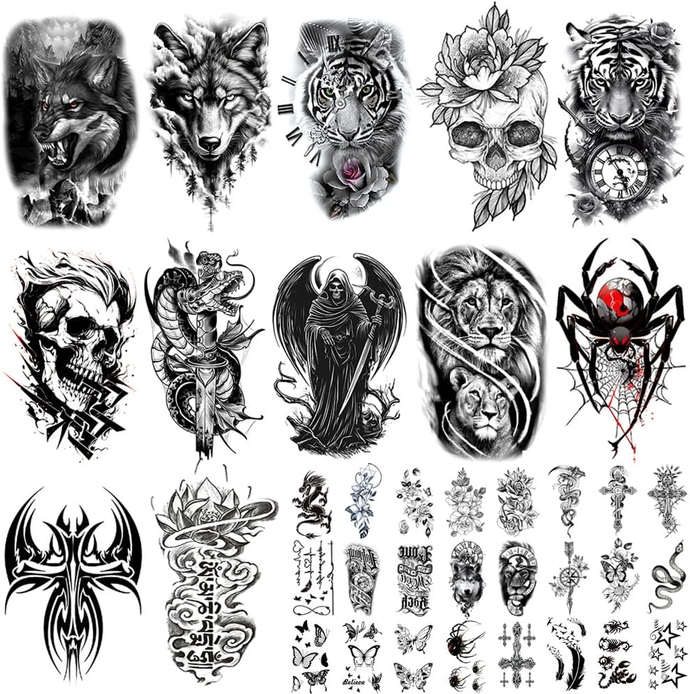 36Sheets Temporary Tattoos for Men, Assorted Wolf Tiger Skull Snake Lion Dragon Fake Tattoo Stickers, Black Grey Red Tattoo Designs