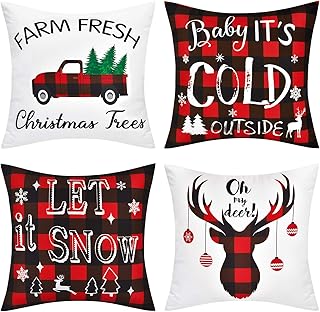 Hleane Lot de 4 housses de coussin de Noël 45 x 45 cm, motif buffalo, housse de coussin décorative pour maison de ferme