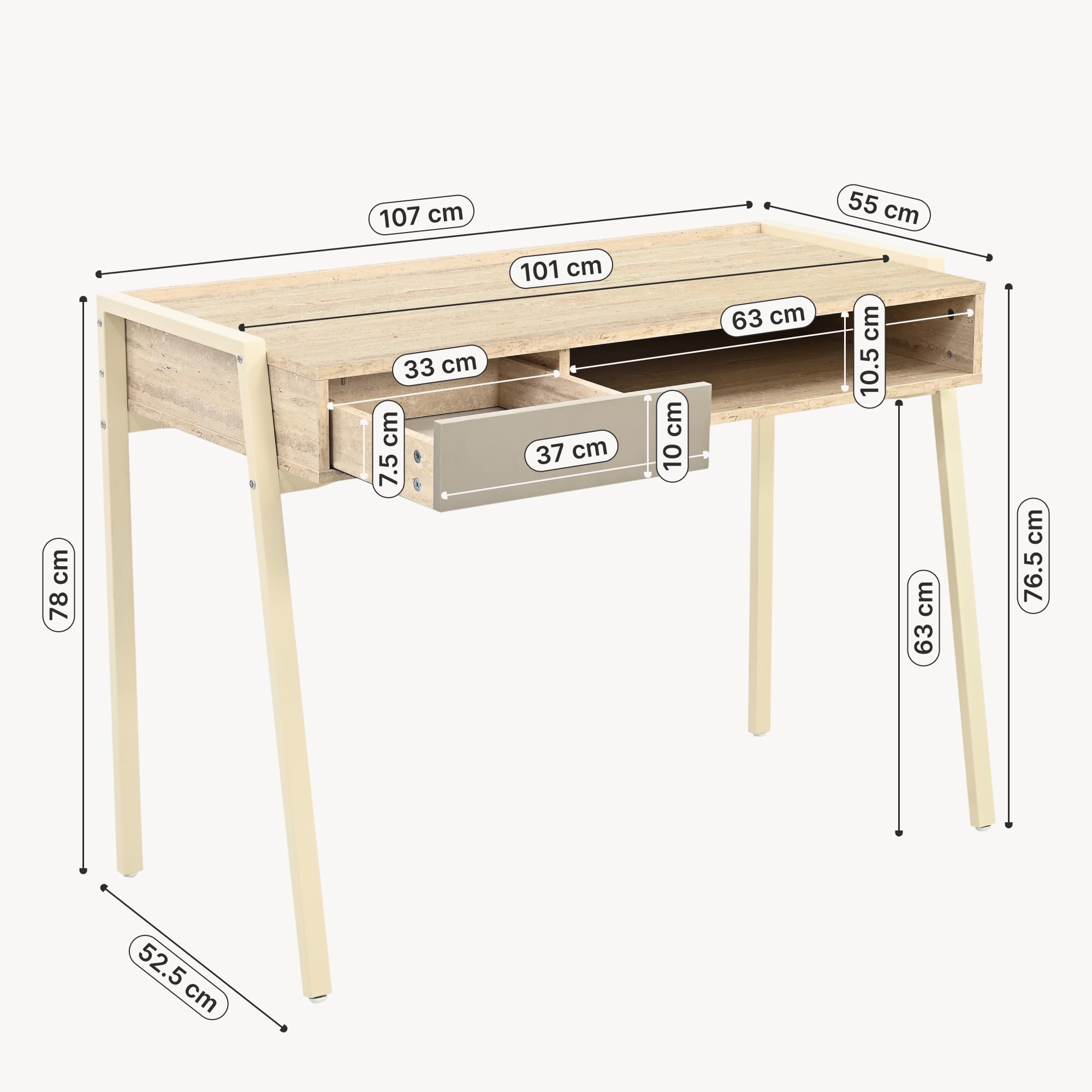 [en.casa] Bureau Boderas 107 x 55 x 78 cm Beige Effet Travertin | compartiment ouvert, tiroir, rebords surélevés, structure robuste, pieds réglables, compact, télétravail, home office