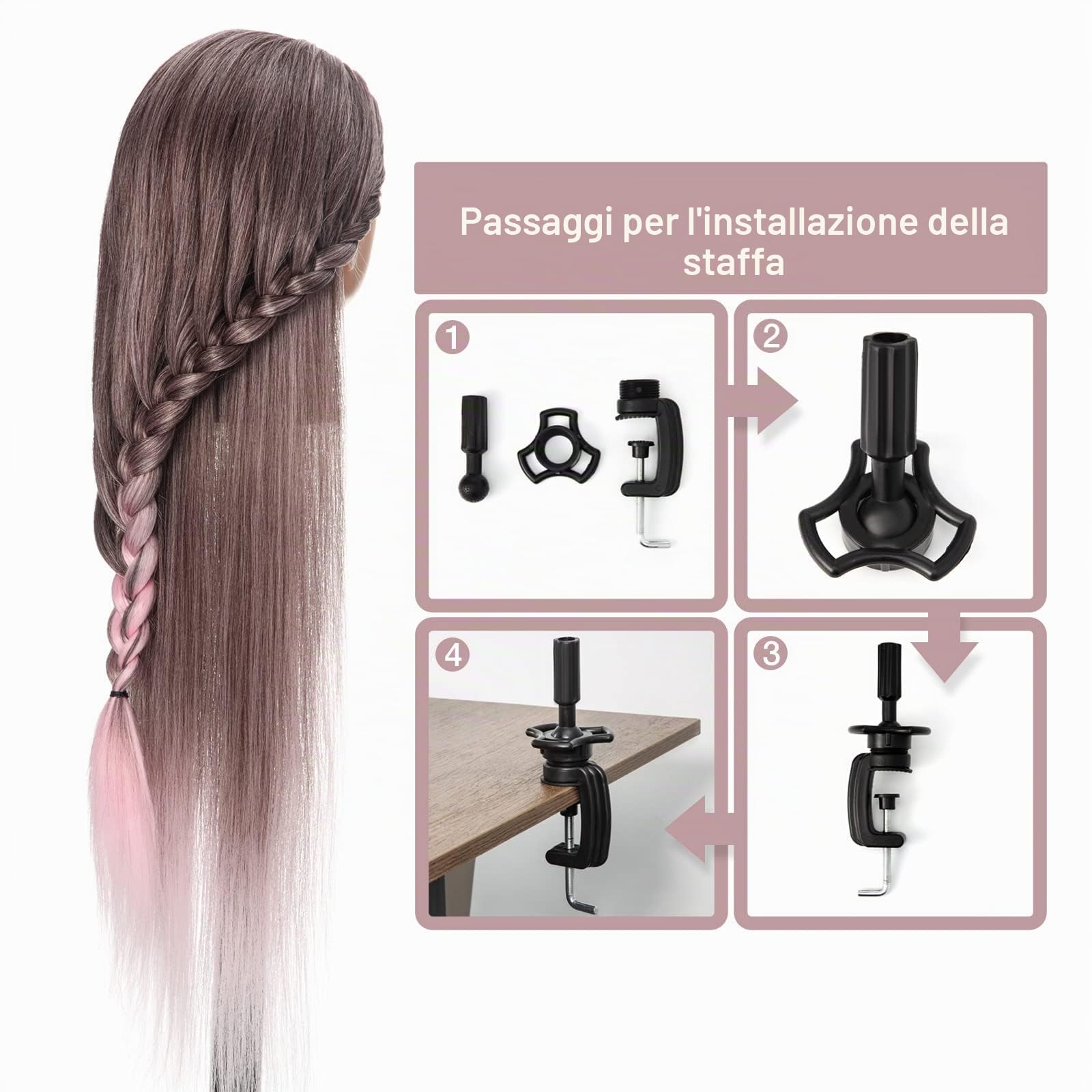 GUANJUNE Testa di Formazione per Parrucchieri Parrucchiere,Testa di Manichino,Testa di Bambola di Cosmetologia in Fibra Sintetica al 100% da 26-28 Pollici,Regali per Ragazze (Rosa Sfumato)