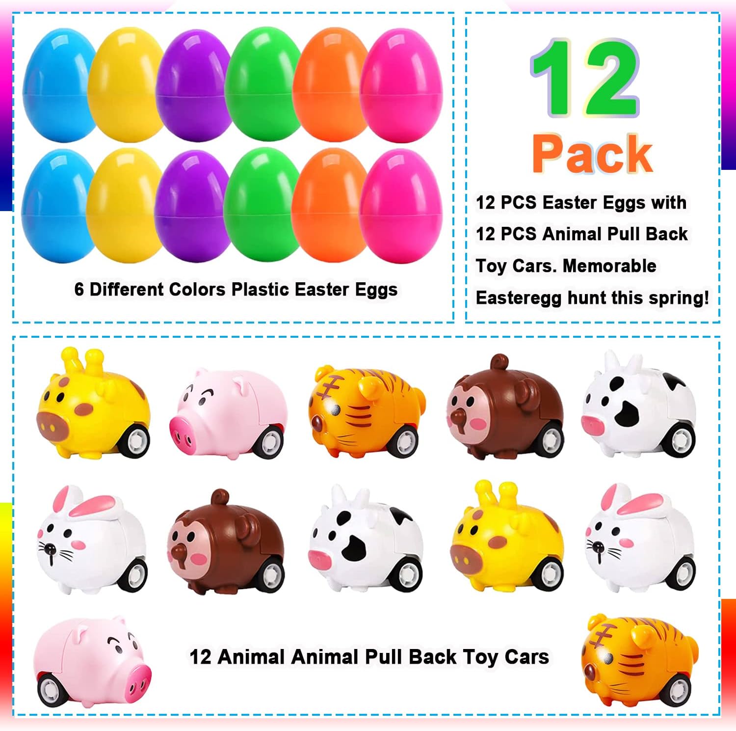 JIALWEN 12 Pack Easter Eggs Filled with Animal Pull Back Toy Cars, Easter Basket Stuffers Surprise Easter Gifts Hunt Theme Party Favors Classroom Prize Supplies
