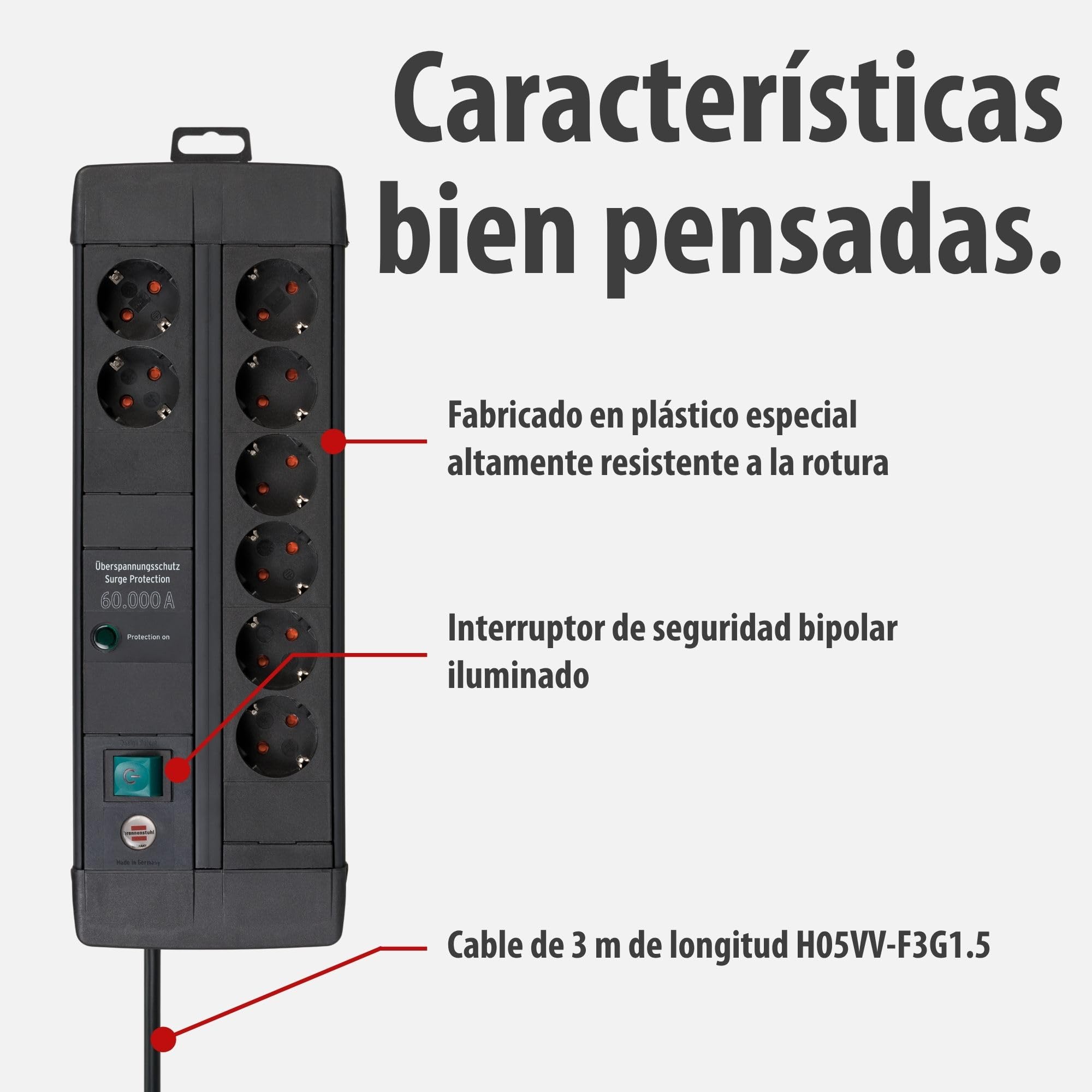 Brennenstuhl Premium-Line Duo regleta enchufes de 8 Tomas con protección contra sobretensiones (Cable de 3 m, Interruptor, protección hasta 60.000 A, Fabricado en Alemania) Negro
