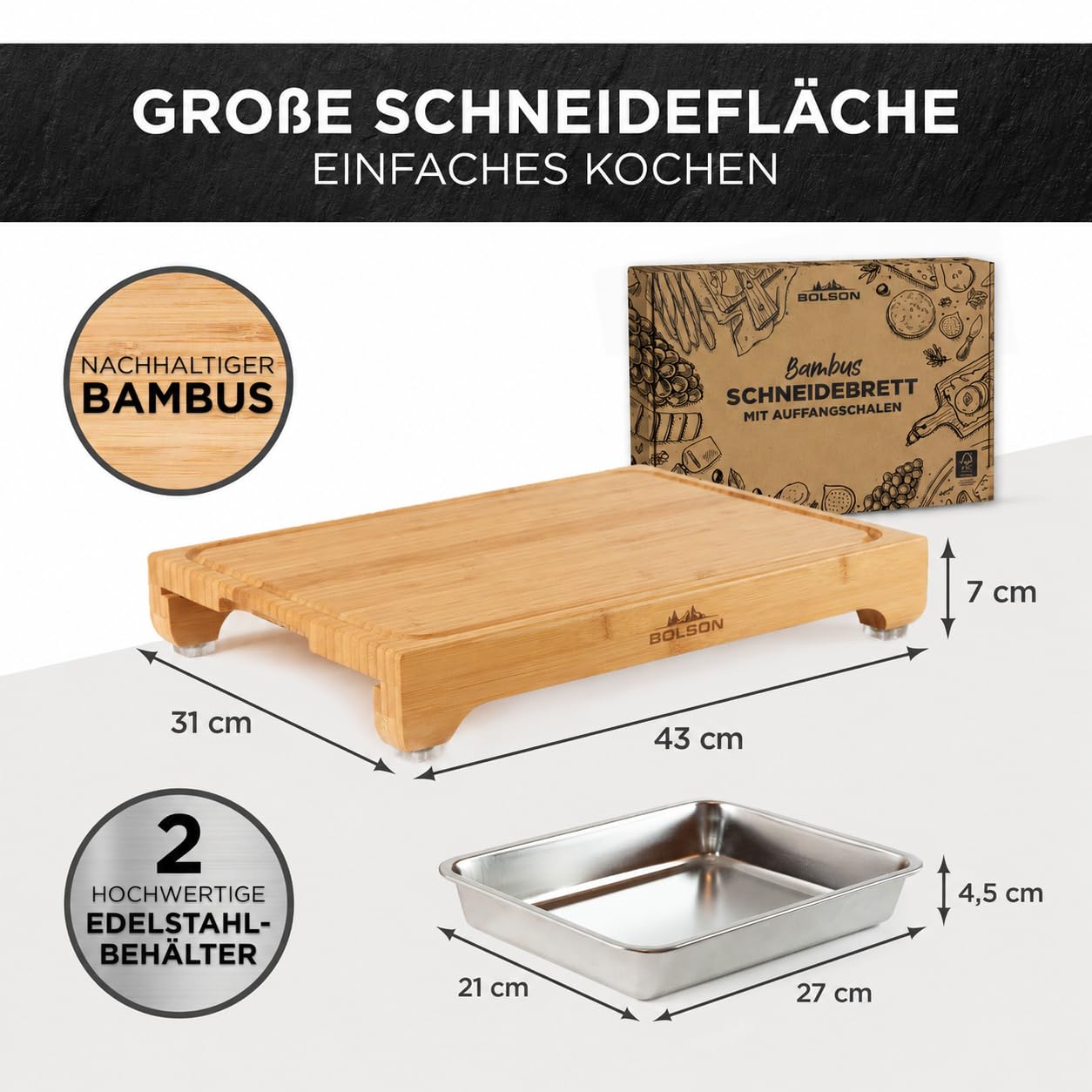 Bolson Bambus Schneidebrett mit 2 Auffangschalen - Bambus Holzbrett mit hochwertigen Edelstahl Auffangwannen - Praktischer Küchenhelfer mit 2 robusten Behältern - Plus 12 Gratis Rezepte & Tipps