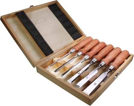 6 Piece Bevel Edge Wood Chisel Set 1/4'(6mm), 3/8'(10mm), 1/2'(12mm), 5/8'(16mm), 3/4'(20mm), 1'(26mm) with rosewood Handles, Stainless Steel Ferrules, mirror polishing finished, wooden box packing