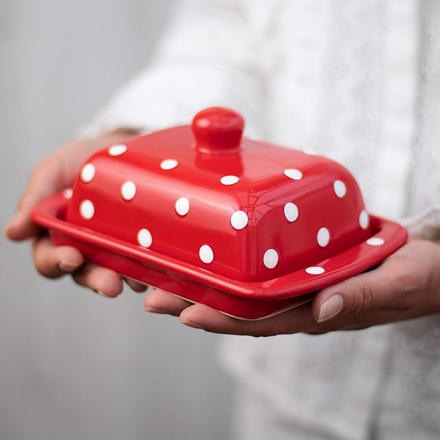 City to Cottage® Red and White Polka Dot Spotty Handmade Hand Painted Ceramic Covered Butter Dish with Lid