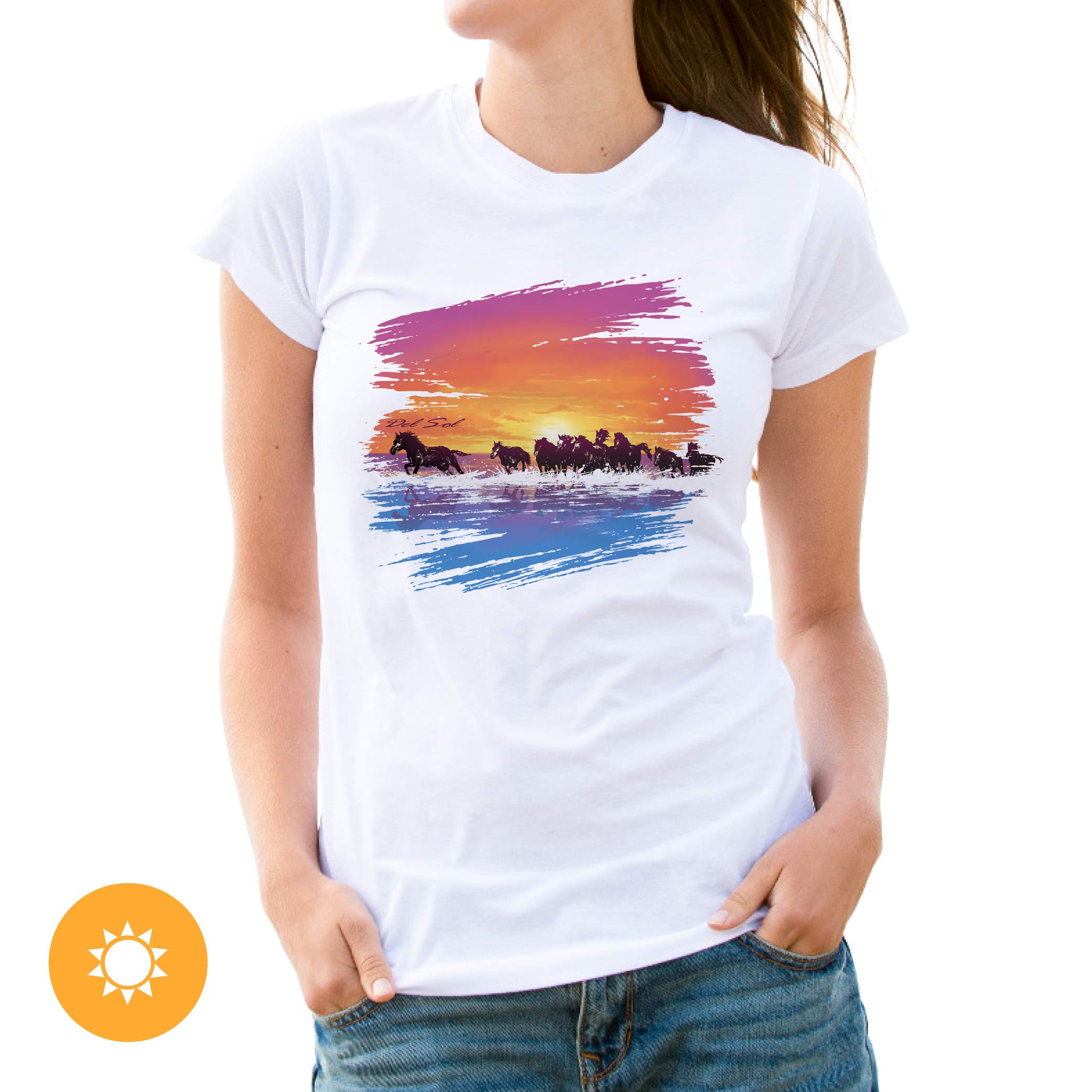 Del Sol Jugendliche, Mädchen, Crew-T-Shirt – Wilde Pferde, weißes T-Shirt – wechselt von lila zu lebendigen Farben in der Sonne – 100% gekämmte, ringgesponnene Baumwolle, kurzärmelig, Größe YM