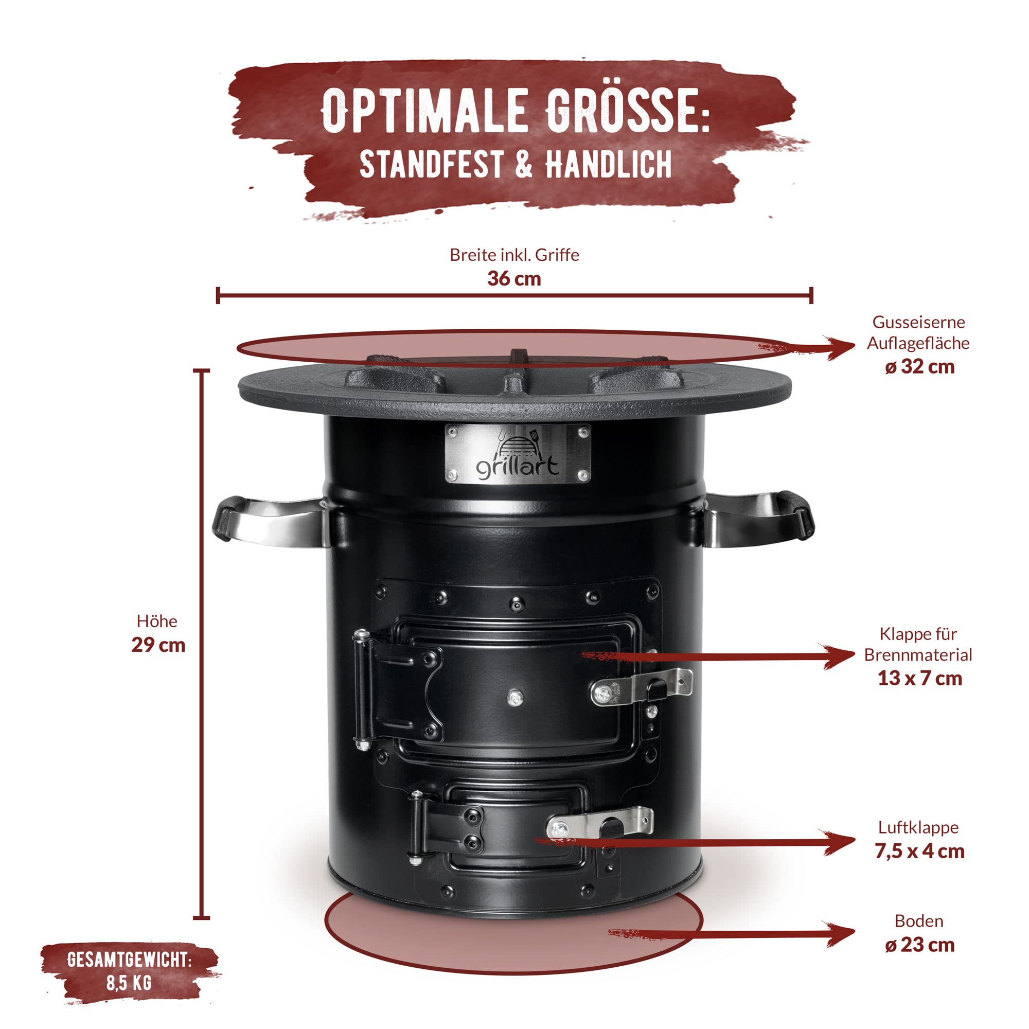 grillart® Forno a razzo per esterni "Powertrain" – efficiente stufa a legna come fornello da campeggio per forno olandese e padelle – particolarmente efficiente con basso sviluppo di fumo (nero con