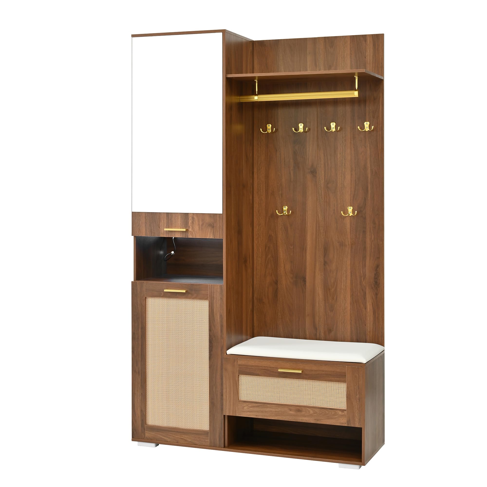 Set appendiabiti con specchio, 6 ganci dorati, scarpiera, appendiabiti, scomparto superiore, panca e illuminazione a LED a 16 colori