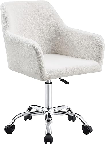 Miniatura 9 de SSLine Silla de tocador de piel sintética, elegante silla de escritorio de maquillaje peludo blanco para niñas y mujeres, silla moderna y cómoda con