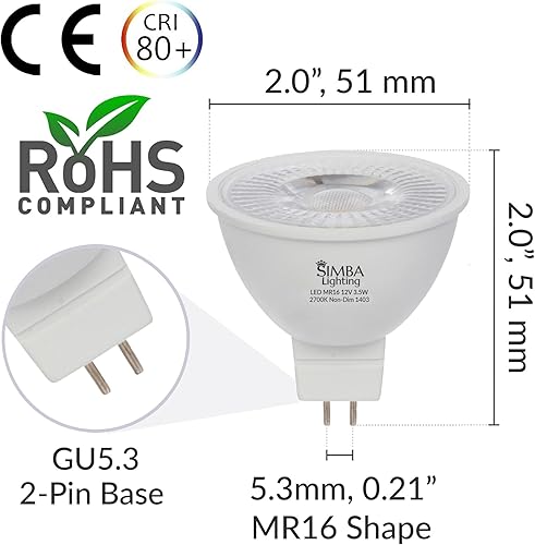 Miniatura 2 de Simba Lighting Bombilla LED MR16 de 3.5 W 12 V (paquete de 6) de repuesto de foco halógeno de 20 W para paisaje, acento, luces de pista, lámparas