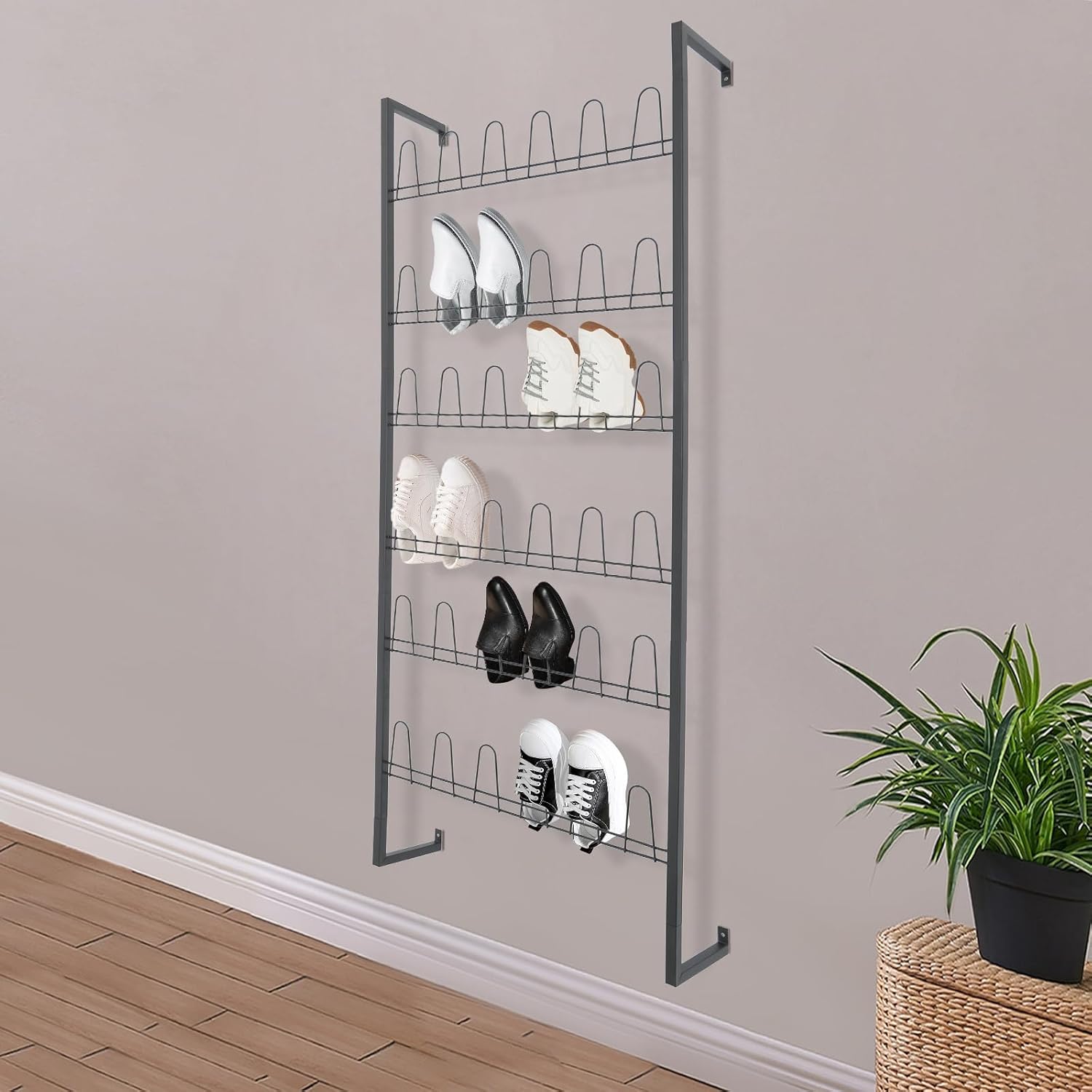 Eapmic Wall Mounted Metal Shoe Rack Organizer, 6-Tier Iron Hanging Shoe Storage, Shoe Shelf Holds 18 Pairs of Shoes, Shoe Storage Rack for Entryway, Bedroom, Closet, Garage (Black, 6-Tier)