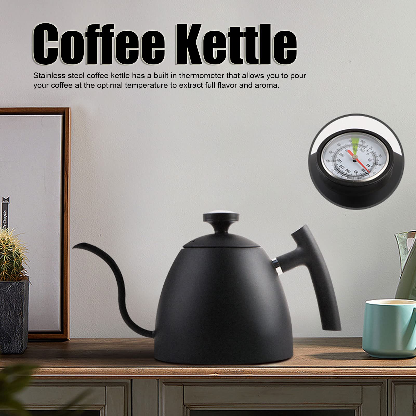 BuyWeek Kaffeekessel mit Thermometer, Schwanenhals-Wasserkocher aus Edelstahl 800 ml Teekessel mit großem Fassungsvermögen für Haushalt, Café, Schwarz
