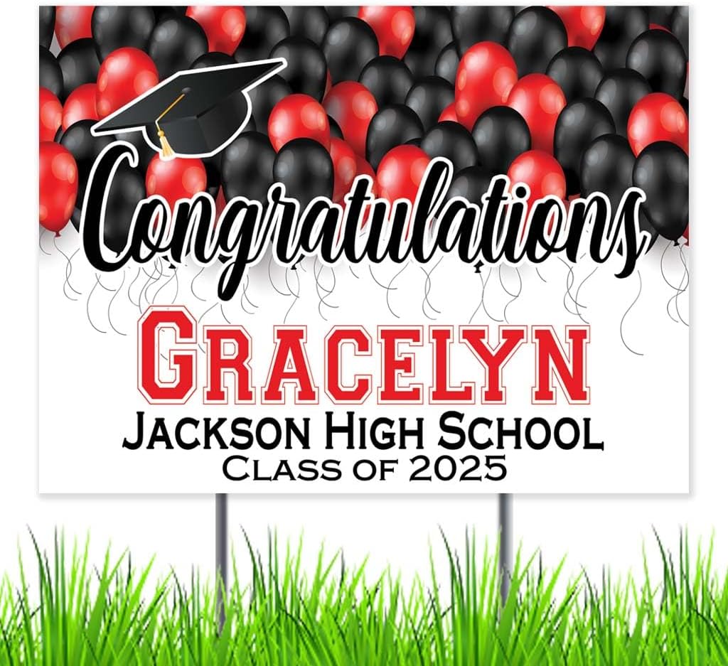 Congratulations Class of 2025 Graduate Personalized Yard Sign with Metal Stake, Red and Black Custom Graduation Party Personalized Lawn Sign