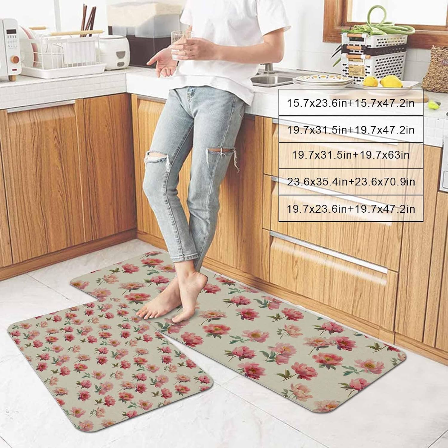 Prime Leader Pink Floral Kitchen Mat Set 2 Pieces Vintage Pink Flowers Leaf Linen Texture Non Slip Kitchen Rugs Washable Runner Rug Mats for Sink Laundry (15.7" x 23.6"+15.7" x 47.2")