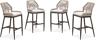PURPLE LEAF Patio Bar Stools 28" H Set of 4 Handwoven Wicker Bar Height Stool Modern Aluminum High Bar Chairs Outdoor Wicker Barstools with Back and White Cushion for Kitchen Pool Island, Bronze