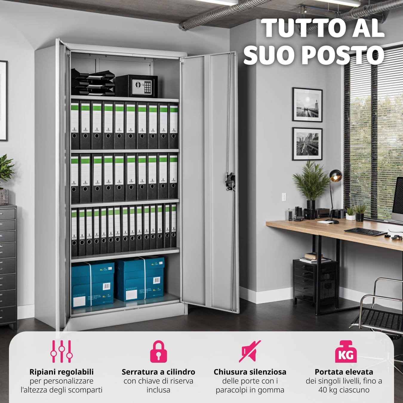 Interior view of the cabinet with binders and boxes neatly stored.