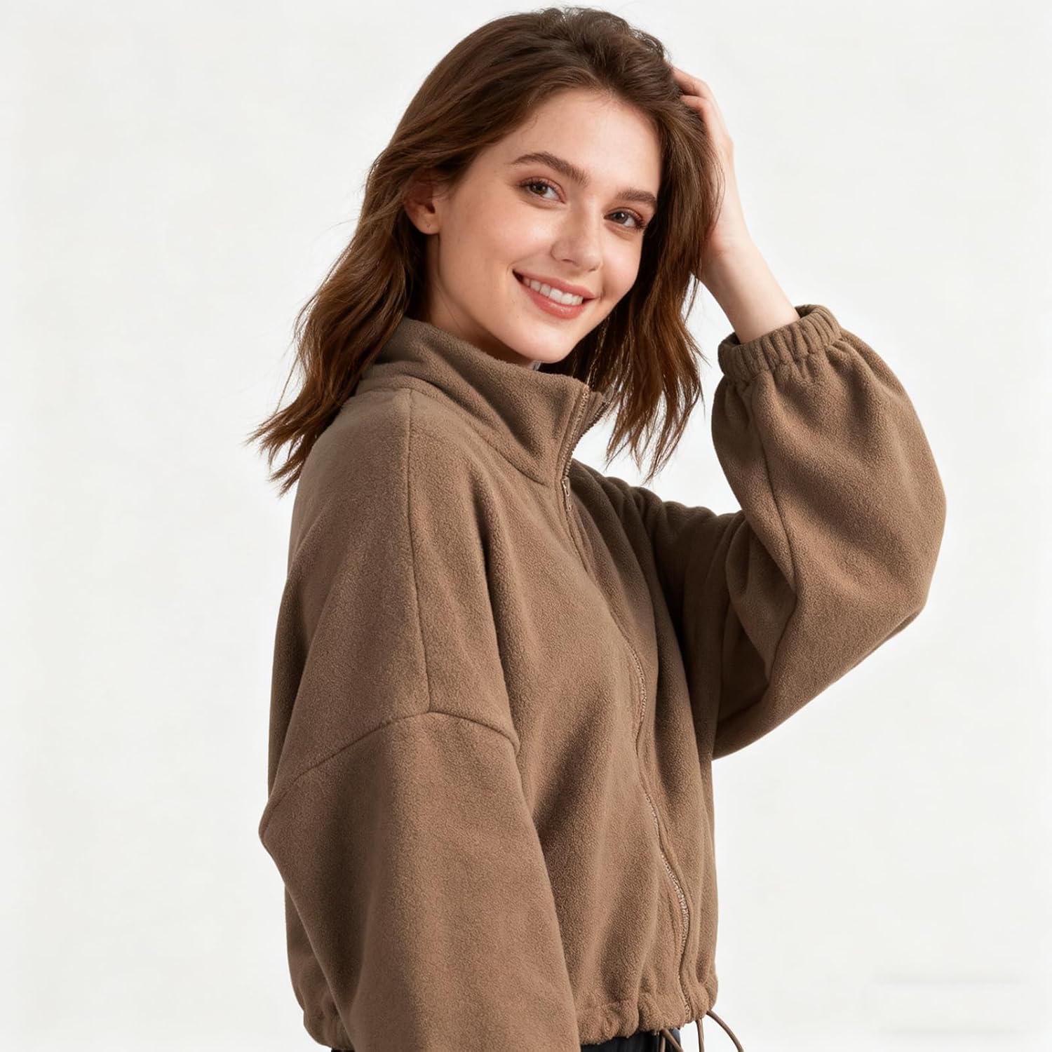 GaoCold Women's Zip Up Short Jacket Stand Collar Cardigan Oversized Sweatshirts Drawstring Hemlines Casual Long Sleeve Coat - Image 4