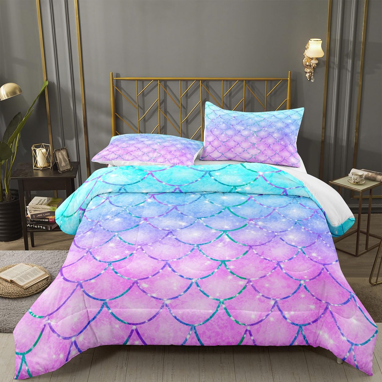 Kids Comforter Set Purple Little Mermaid Scales Printed Pattern Quilt Bedding Set with 1 Comforter and 1 Pillow Cover for Boys Girls Teens Bedroom Dormroom All Season Twin 68x90inches