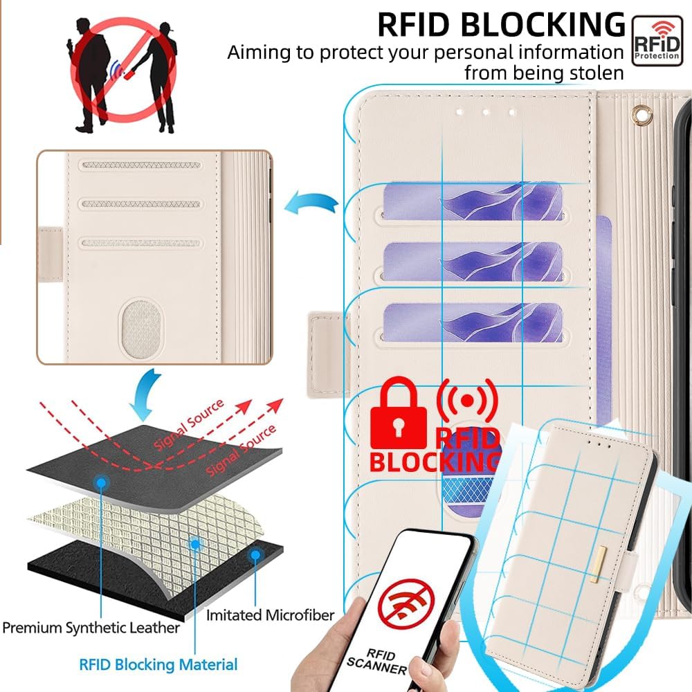 Wallet Case for Motorola Moto G15 with Wrist Strap PU Leather Protective Cover, Card Holders Kickstand RFID Blocking Shockproof Magnetic Handbag Flip Phone Shell Case