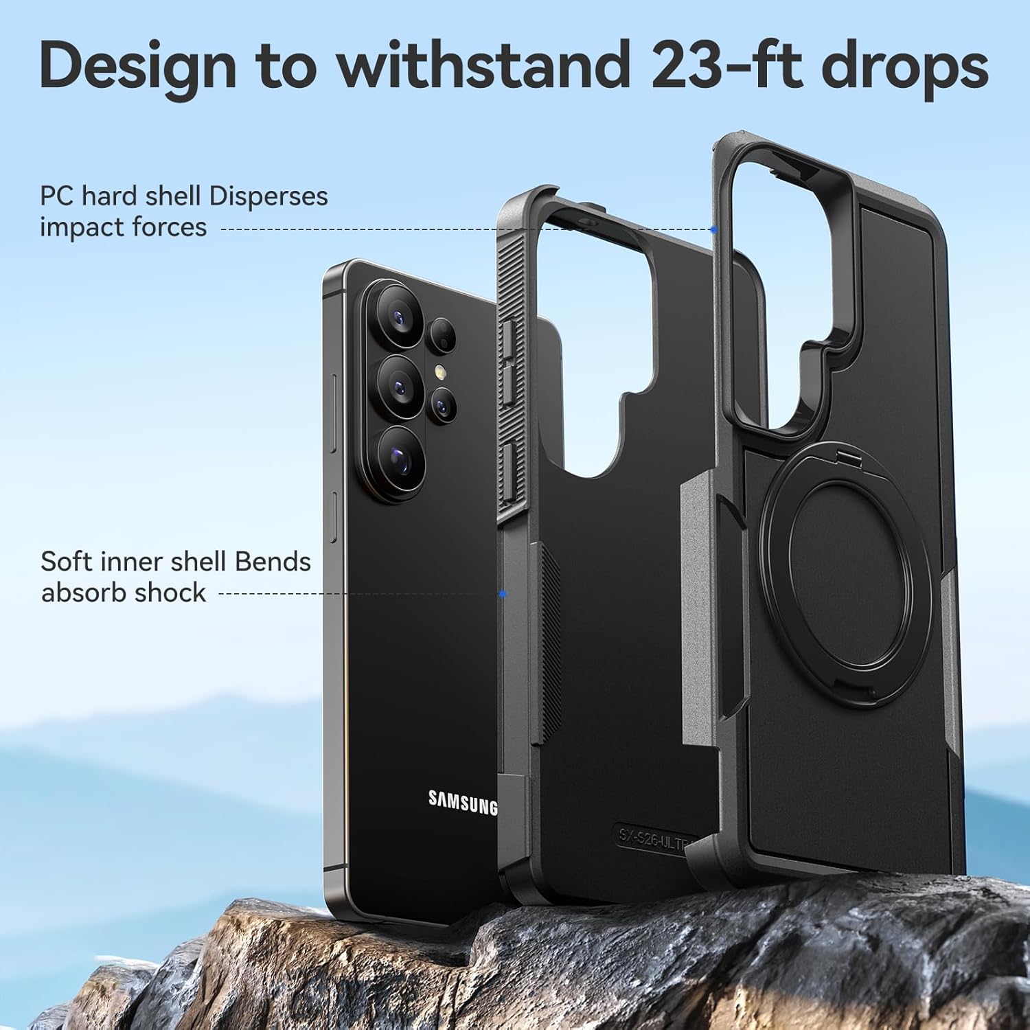for Samsung Galaxy S26 Ultra case with Stand, 7X Military-Grade Drop Protection, Shock-Absorbing Phone Rugged Cover, Compatible with MagSafe Accessories,360 Magnetic Stand, Black