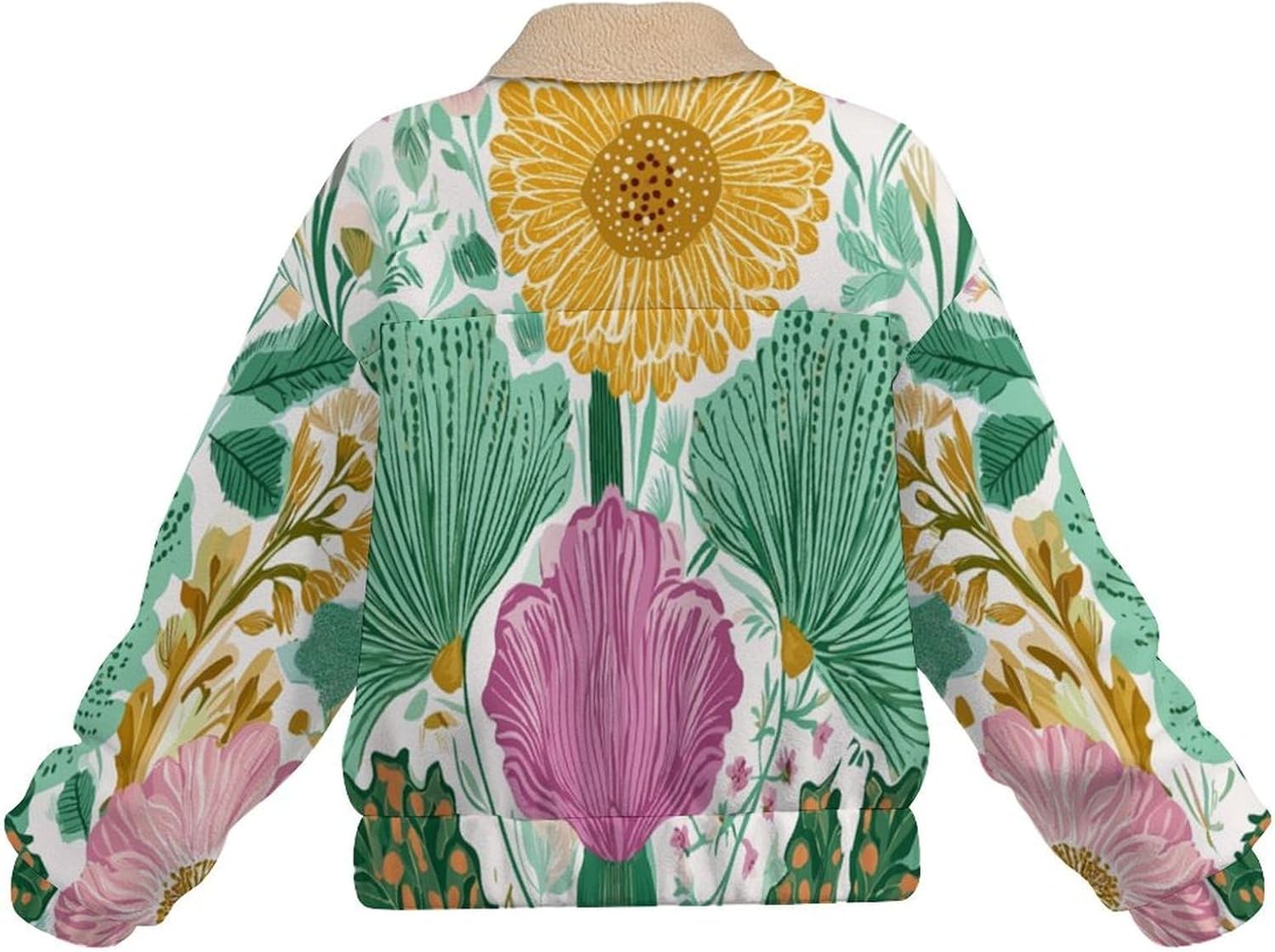 Polar Fleece Jackets for Women, Full Zip Sherpa Crop Coat,Flowers green leaves Printed Soft Warm Lapel Sweatshirts