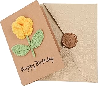 RAQWI Crochet Birthday Card Yellow Rose, Handmade 3D Flower Card & Envelope | Blank inside, soft cotton 3D rose on thick cardstock, kraft envelope with two wax seals - a card and small gift in one