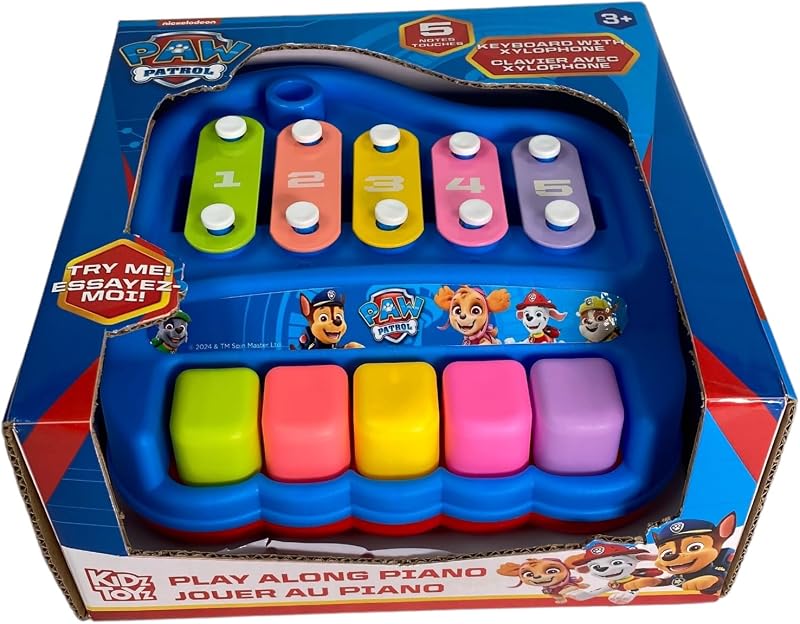 Paw Patrol Play Along Piano & Xylophone - Learn to Play Piano Music Education for Kids and Preschoolers Ages 3+ | 5-Note Color-Coded Keys, Compact for Travel, Includes 2 Mallets with Storage, Screen-Free Gift for Preschoolers, No Batteries
