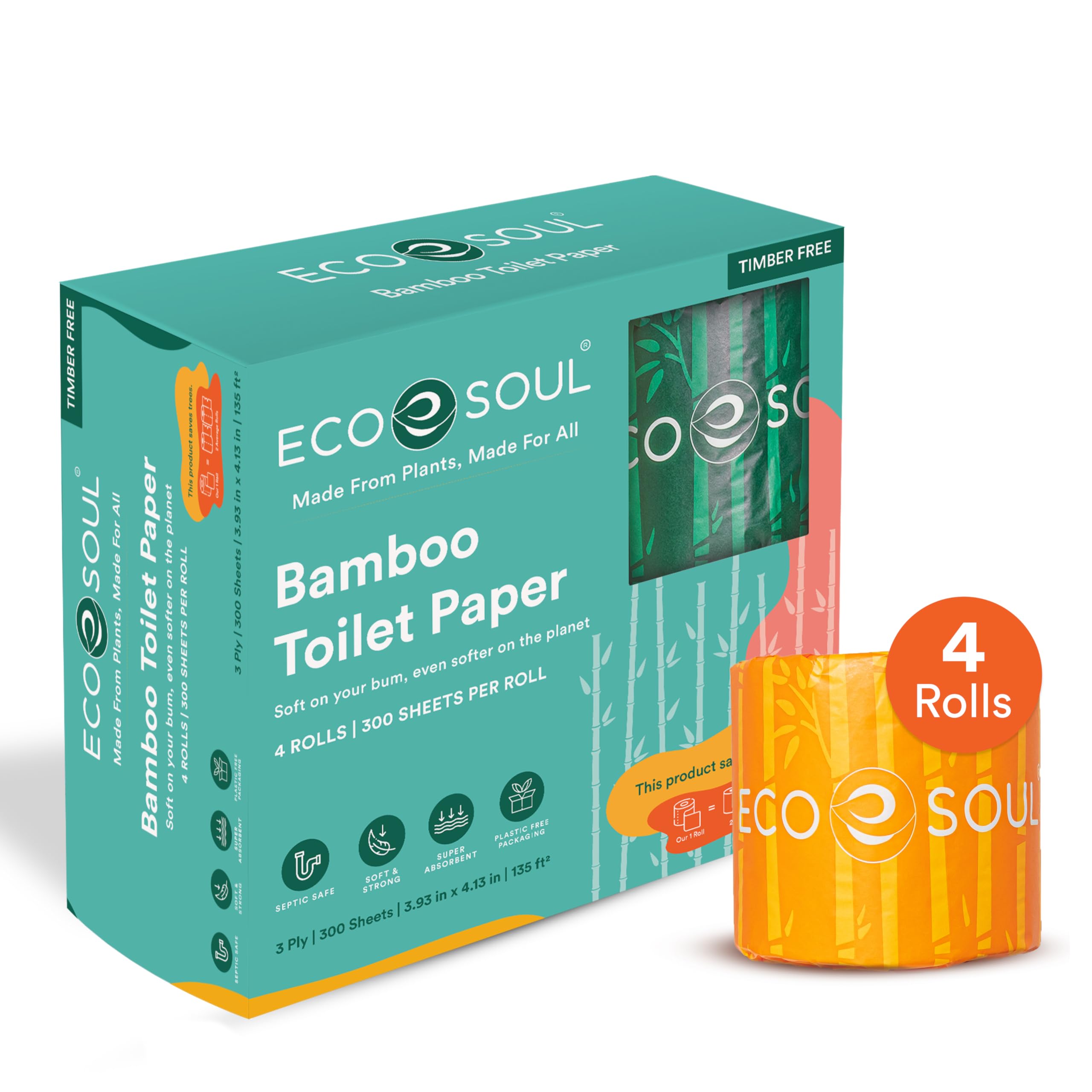ECO SOUL Bamboo Toilet Paper 3 Ply 4 Mega Rolls = 8 Regular Rolls | Eco Friendly Septic Safe Organic Bath Tissues Sustainable Toilet Paper Compostable - FSC Certified