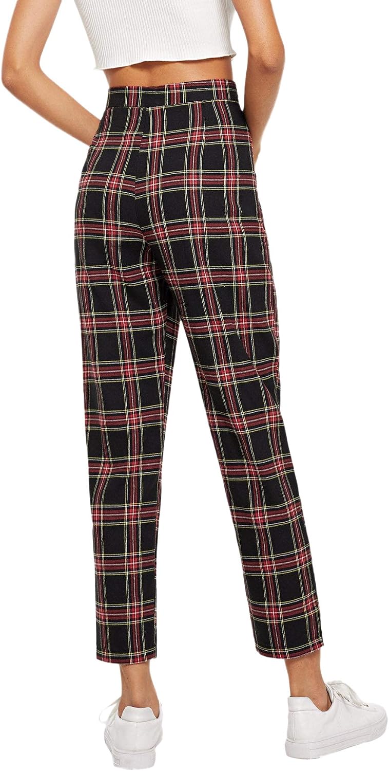 Casual Mid Waist Plaid Zip Side Pants 