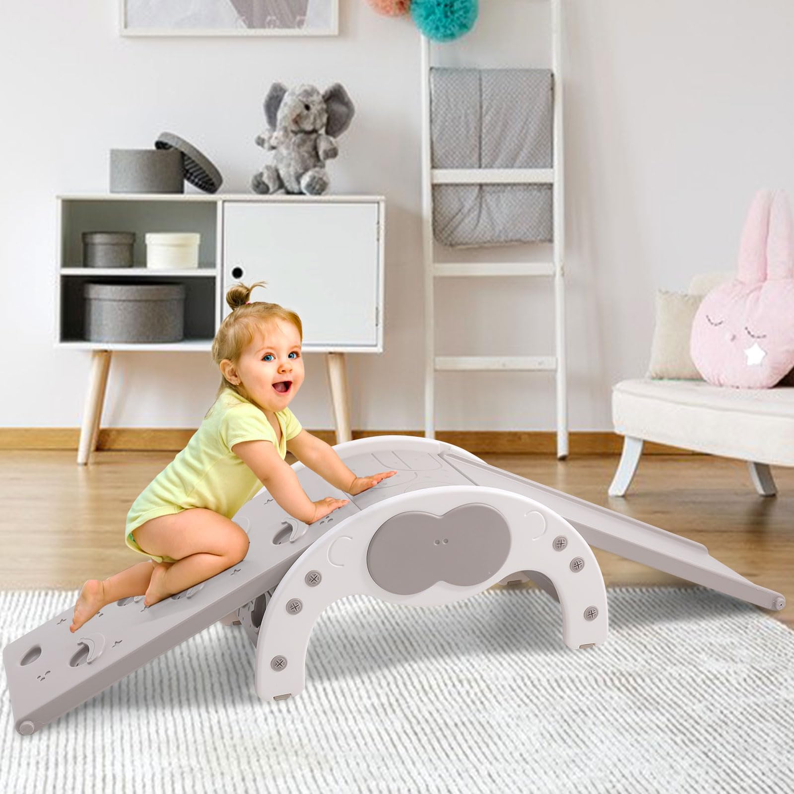 Klettergerüst Indoor mit 2 Doppelseitigen Kletterbrettern, 3 in 1 Kinderrutsche, Baby Klettergerüst, Grau