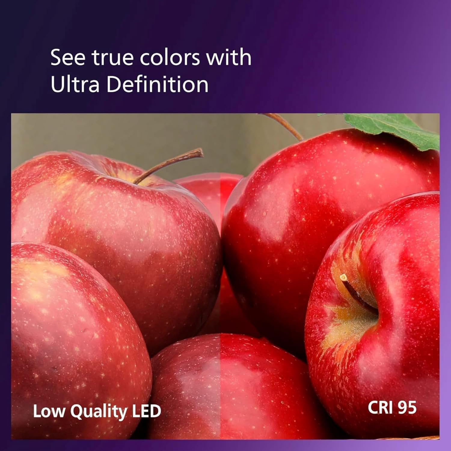 Comparison image showing apples under low quality LED light versus CRI 95 light, highlighting color accuracy.