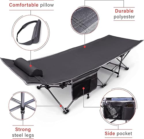 Miniatura 3 de VaygWay Catre plegable de viaje para acampar al aire libre, gris, ligera, cómoda, portátil, resistente, plegable, cama para dormir con bolsillo,