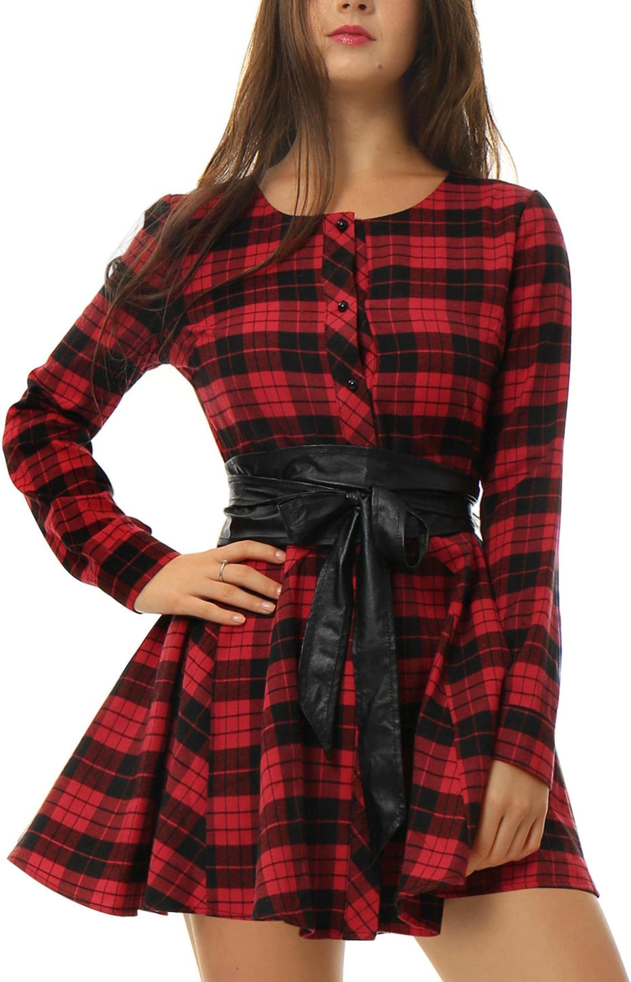 Allegra KWomen's Christmas Plaid Dress Long Sleeve Button Down Belted Mini Shirtdress