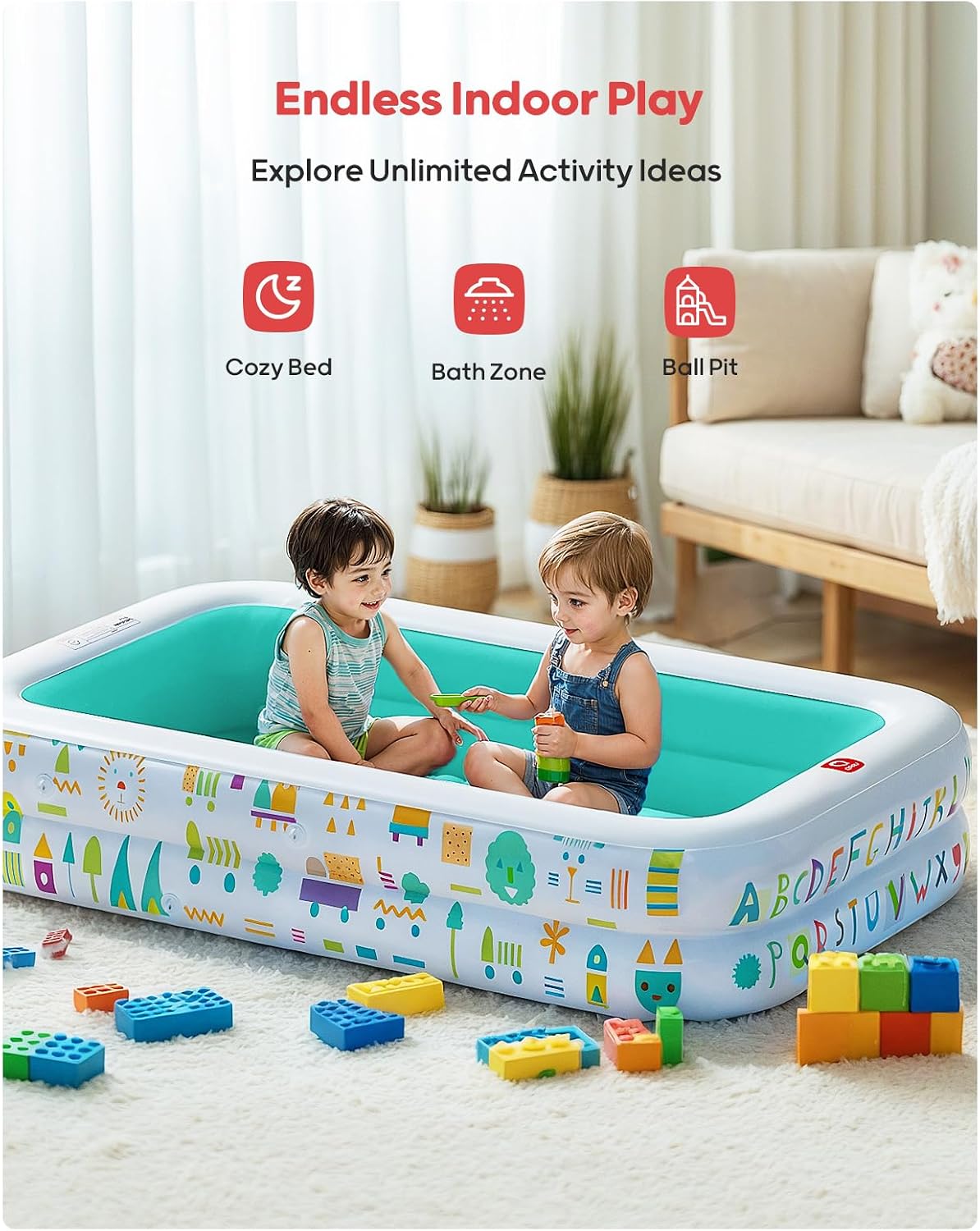 QPAU Kiddie Pool – 65" x 39" Inflatable Pool for Kids & Toddlers, Ball Pit & Baby Pool with Soft Cushioned Floor, Canopy for Sun Protection, Durable Outdoor Play Toys for Backyard & Indoor (Green)