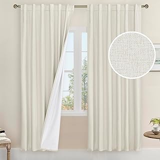 LAMIT Natural 100% Blackout Linen Curtains, 78 Inches Linen Textured Thermal Bedroom Curtains Back Tab and Rod Pocket Neutral Panels with White Liner for Farmhouse, 2 Panels, 52 x 78 Inch, Ivory
